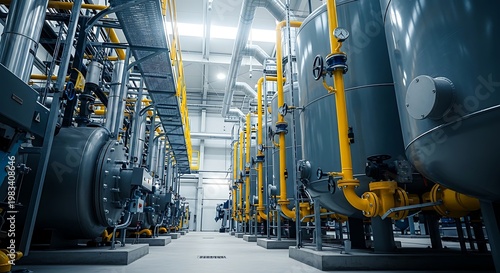 Inside a modern industrial facility; pipes, tanks, and machinery fill the space