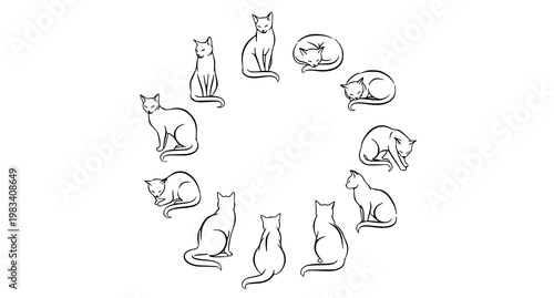 Elegant minimal cat silhouettes vector set with graceful feline poses in modern style