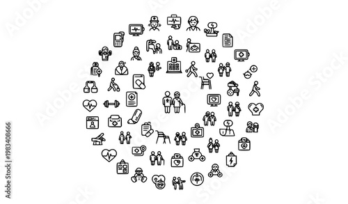 Set of 50 black outline senior citizen healthcare icons with elderly lifestyle, medical support and patient monitoring symbols for digital interface design