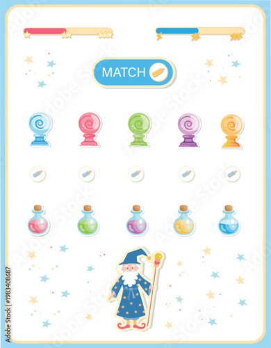 Wizard themed "Match by Color" puzzle for children's activity books. Fun educational task with colorful magical flasks and crystal balls. Helps young learners develop visual perception 