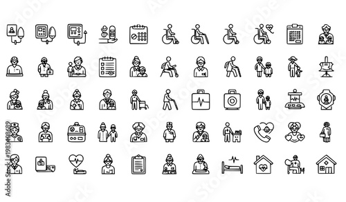 Minimalist elderly care and senior healthcare line icon set with 50 nursing assistance and health monitoring symbols in black outline style for UI design