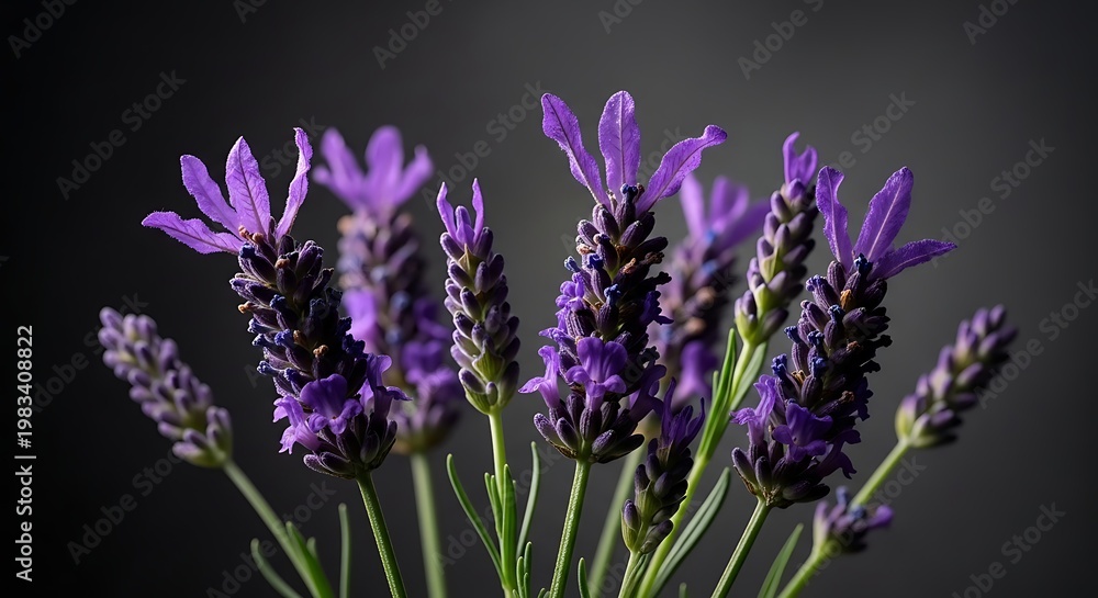 Obraz premium Vibrant purple lavender flowers are arranged in a bouquet against a dark background