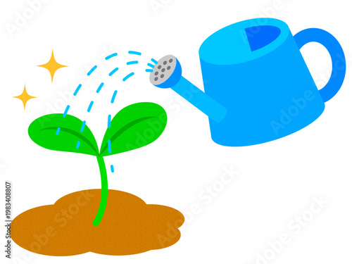 双葉に水やりするジョウロのイラスト素材2