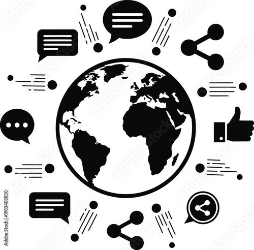 Global communication network globe with social media message icons set