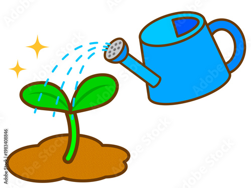 双葉に水やりするジョウロのイラスト素材