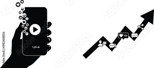 Smartphone hand holding video player growth arrow social media vector