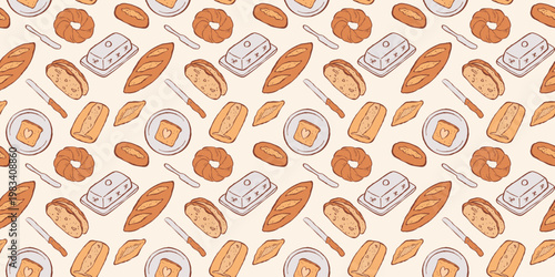 Seamless pattern with colorful different forms of breads, plate, knife, ceramic butter dish on white backdrop. Flat illustration. Template for background, wallpaper, packaging, wrapper, textile, cover