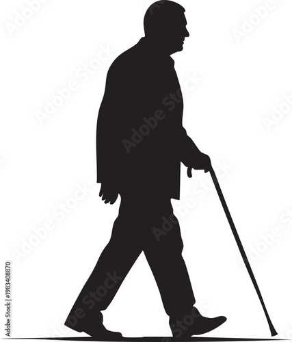 Black monochrome silhouette of a person walking outdoors using a cane black silhouette