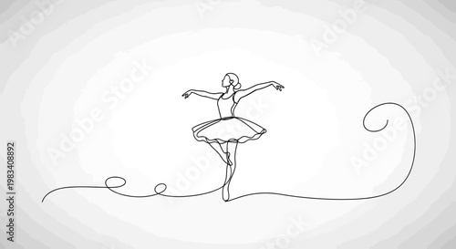 Elegant single-line drawing of a ballerina in a graceful pose on point, 80-char