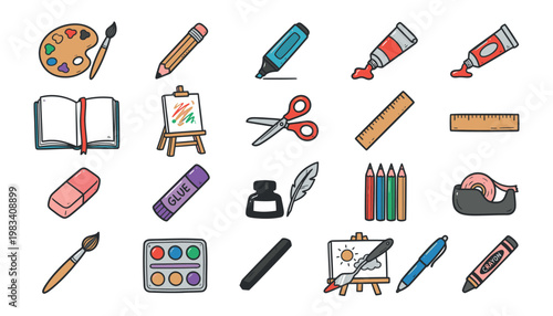 Colorful illustration of art supplies and stationery.