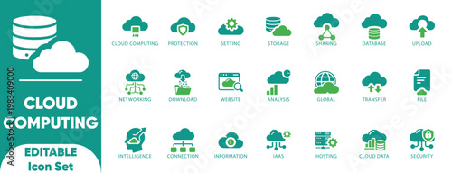 Cloud Storage Icon Set. hosting, network, security, website, download, backup, storage, illustration, and solid icons.