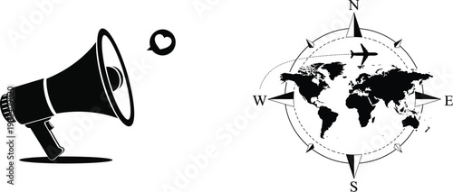 Megaphone and world map with airplane and compass icon