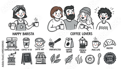 Illustrations of coffee culture and barista lifestyle.