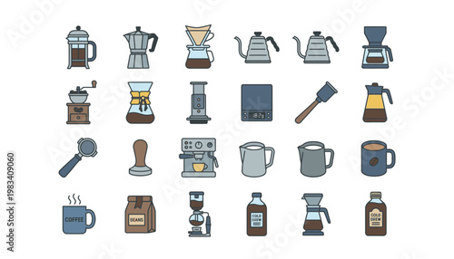 Flat design coffee maker and kitchen icons.