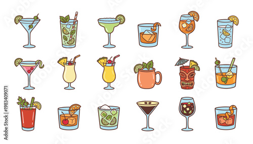 A collection of colorful cocktail illustrations.