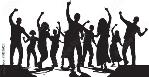 Black silhouette dancers in a row on white background celebrating diversity black silhouettes