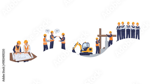 Construction Site Harmony: A comprehensive depiction of construction unfolds, highlighting the synergy of skilled workers and machinery.