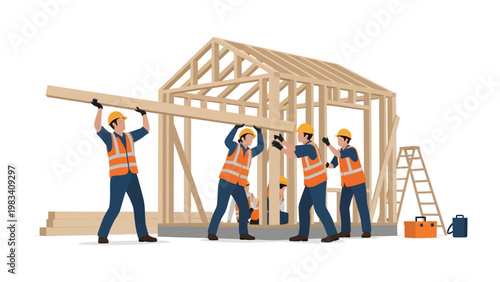 Building Dreams: A team of construction workers collaborate to erect a wooden frame, embodying the core of construction. Capturing the spirit of craftsmanship, teamwork.