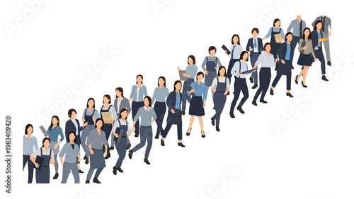 Ascending Professionals: A large group of diverse professionals, dressed in business attire, strides upward in a dynamic display of professional ascent, embodying ambition and progress.