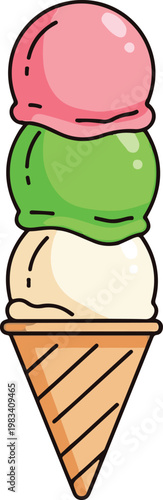 A colorful stack of ice cream scoops on a waffle cone outdoors