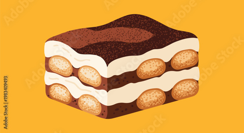 A slice of layered chocolate cake with creamy filling and almonds on a vibrant orange background