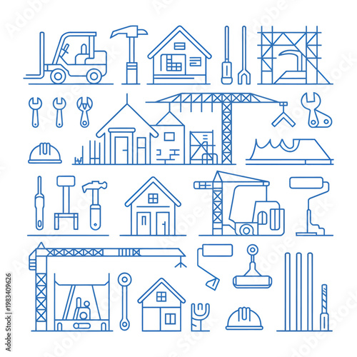 Blueprint of Construction: A comprehensive blueprint illustration showcases a variety of construction tools and architectural elements, perfectly capturing the essence of building and infrastructure.