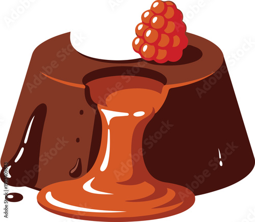 Chocolate dessert with caramel sauce and berry on top being served