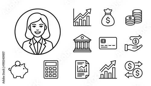 Financial icons with businesswoman and money symbols.