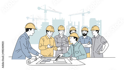 Construction Collaboration: A team of construction workers wearing hard hats collaboratively reviews blueprints, surrounded by construction equipment.
