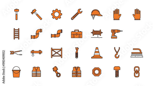 Construction Tools Array: A comprehensive collection of construction tools, rendered in a clean, modern design. Each element is clearly defined, presenting a set of essentials for any project.