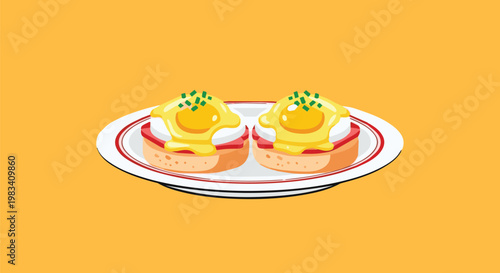 Illustration of eggs benedict on a white plate on a table indoors
