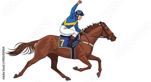 Horse racing with jockey in colorful uniform riding a galloping horse on race track during daytime