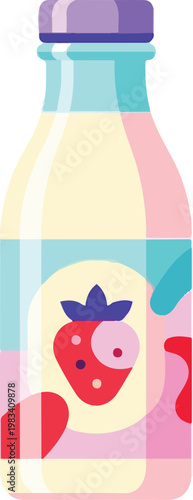 A colorful illustration of a strawberry flavored drink bottle on a table indoors
