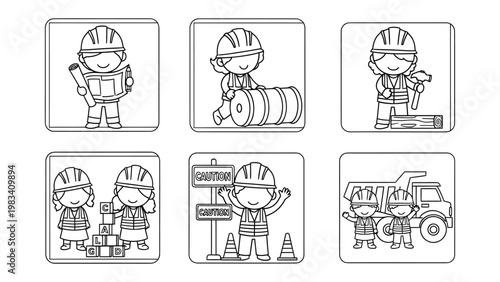 Construction Worker Icons Set: A comprehensive collection of charming icons, each depicting a construction worker in various stages and professions.
