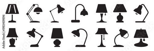 Night lamp silhouette icon set bedside lighting and home decor symbols in solid vector illustration collection