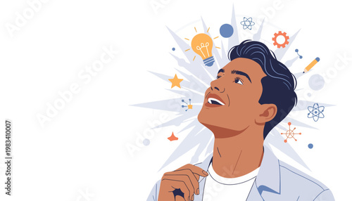 Person Experiencing Aha Moment with Burst of Light and Floating Elements Vector Illustration