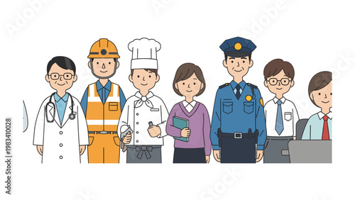 Diverse professions: A collective of professionals from various walks of life stands together, representing the diversity of career paths and the people in the world. 