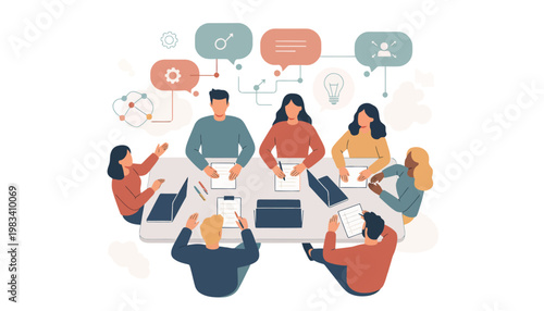 Diverse team brainstorming ideas around a table, flat design vector illustration