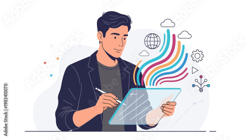 creative artist using futuristic tablet vector illustration