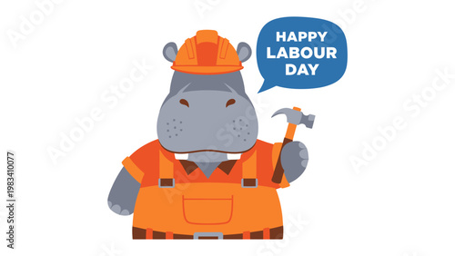 Hippo's Labor Day Celebration: An adorable hippo, dressed as a construction worker, celebrates Labor Day.