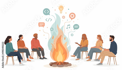 Diverse group of people sitting in a coding discussion vector illustration