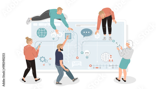 Diverse team collaborating on a giant blueprint vector illustration