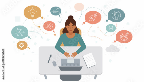 person sitting at desk with creative ideas vector illustration