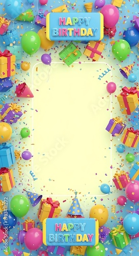 Festive Birthday Celebration Background with Gifts and Balloons.
