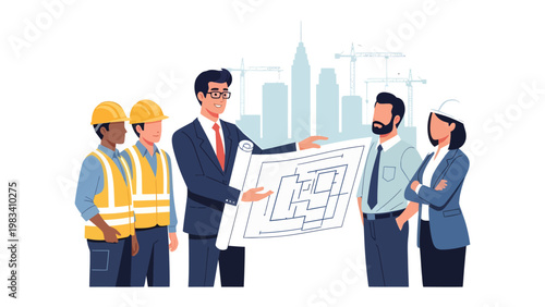 Construction Blueprint Meeting: A construction team huddles around a blueprint, engaged in discussion amid a backdrop of a building. 