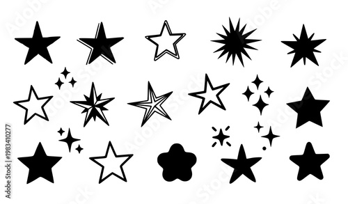 Creative star icon set vector with geometric hand drawn and sparkle favorite symbols isolated on white background