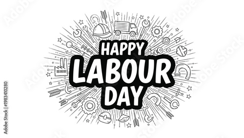 Labour Day Celebration: A graphic depiction honoring Labour Day, featuring various tools and objects associated with labor, creating a visual tribute to the working class.