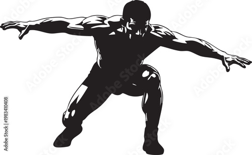 Black silhouette of male dancer leaping with arms outstretched in dynamic pose mid-air outstretched arms