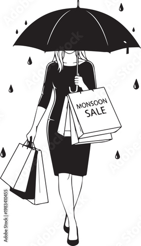 Woman with shopping bags under umbrella during monsoon sale, fashion and retail promotion, rain protection and shopping.