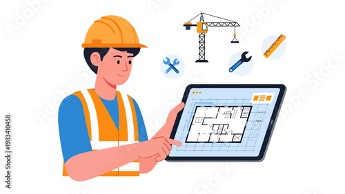 Architectural Blueprint: An architect holds a tablet displaying a detailed blueprint, surrounded by construction tools, against a clean backdrop. It's a visual metaphor for planning, design.
